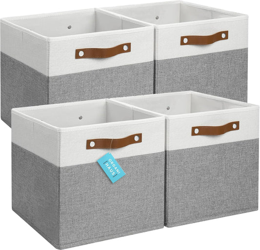 OrganiHaus 12x12 Fabric Storage Bins - Set of 4, Cube Fabric Organizer Bins with Vegan Handles, Kallax Storage Cubes, Cubbies Organizer Boxes, 12Inch Cubic Baskets for Shelves - Grey / White