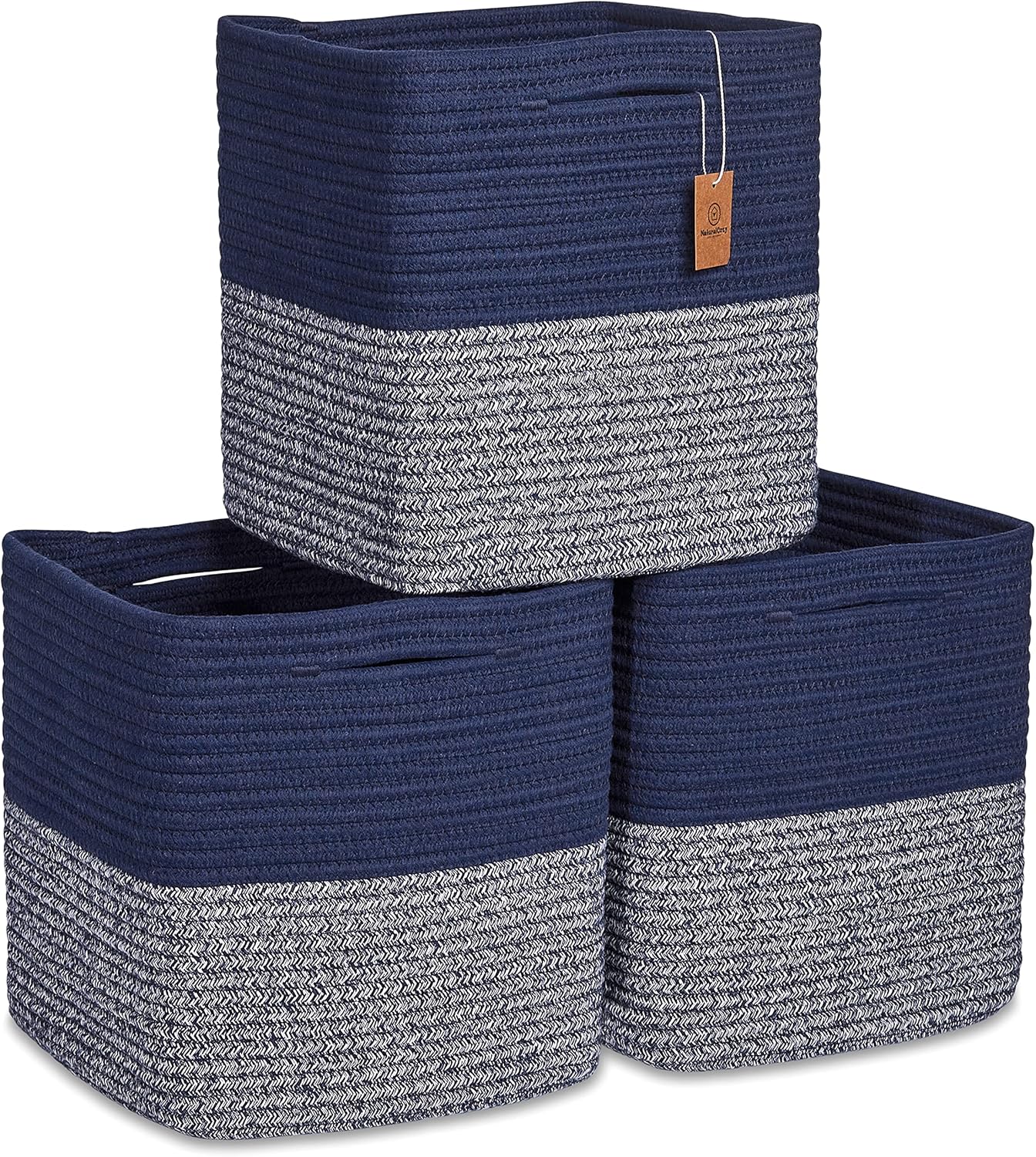 NaturalCozy Storage Cubes 11 Inch Cotton Rope Woven Baskets for Organizing, 3-Pack | Cube Storage Bin | Square Storage Baskets for Shelves Organizer, Classroom, Kids Toy Bins, Closet, Baby Nursery
