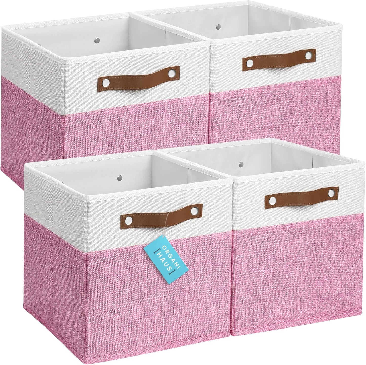 OrganiHaus 11x11 Fabric Cubes Storage Bins Set of 4, Foldable Collapsible Fabric Storage Bins for Organizer, Cubbies Organizer for Kallax, Linen Cube Shelf Baskets, Toy Organizing boxes - Pink/White
