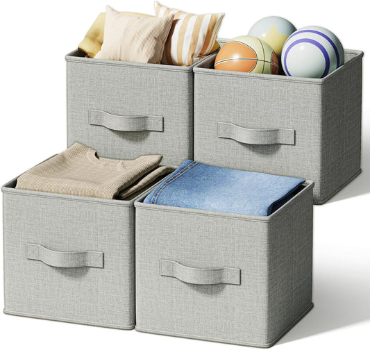4 Pack Foldable Fabric Closet Storage Bins, 11Inch Organizer Cubes with Handles, Linen Storage Boxes for Clothes, Toys, Books and Home Organization,Gray