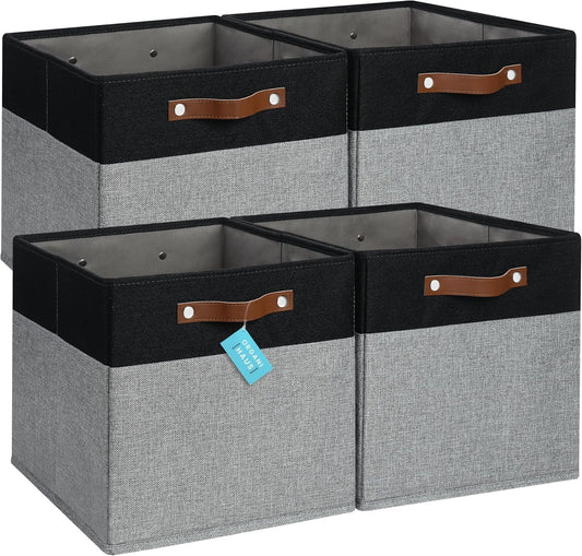 OrganiHaus 13x13 Cube Fabric Storage Bins Set of 4, Fabric Storage Cubes w/ Vegan Handles, 13 inch Collapsible Bins for Clothes & Toy Organizer, Cubbies Organizer, 13x13 Basket for Decor - Grey/Black