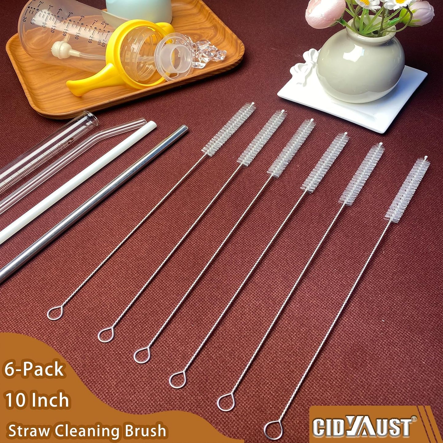 Straw Cleaner Brush Extend 10-Inch, Straw Brush with PA6 Nylon Bristles and Flexible Wire for Baby Bottles, Sippy Cups, Reusable Straws & Sport Water Bottles,6-Pack.